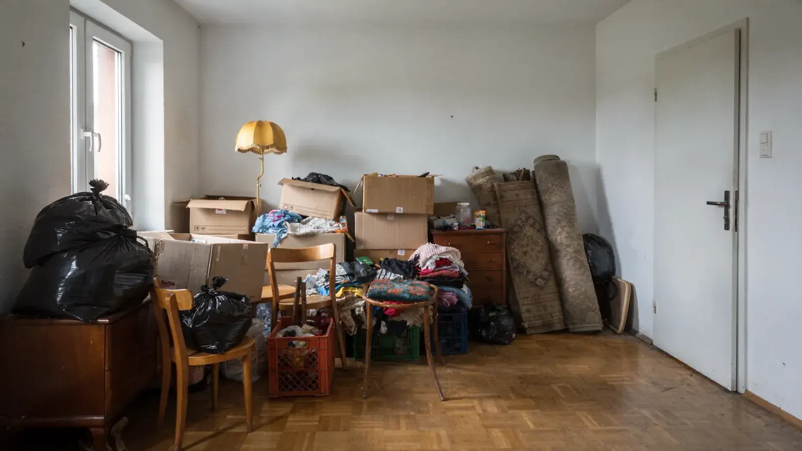 Bis unter die Decke vollgestellter Wohnraum vor der Räumung
